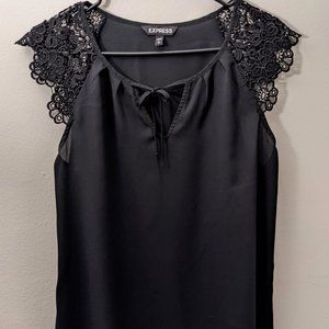 Express Silky Black Top with Lace Sleeves